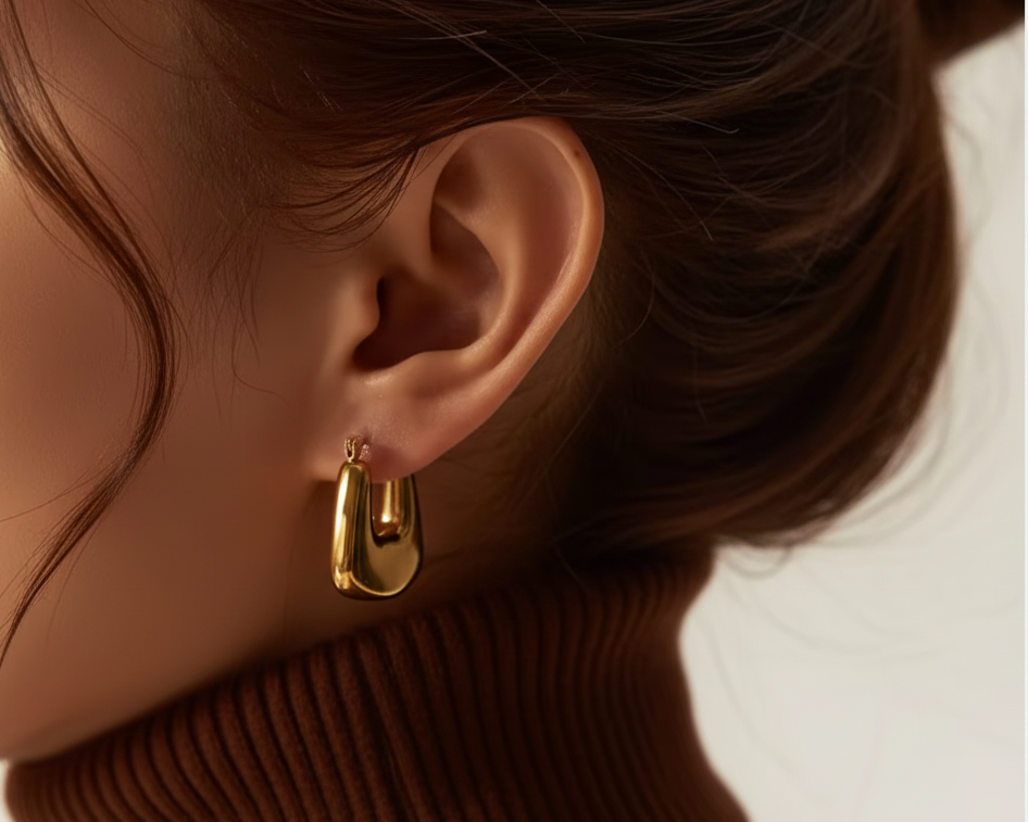 Close-up of an ear wearing a gold hoop earring with a neutral background